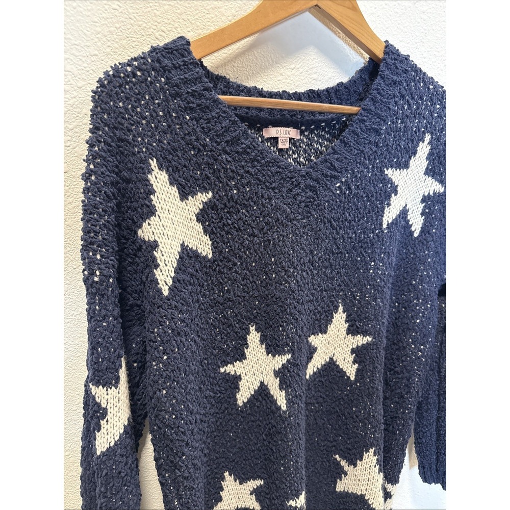 P.S. Love Star Knit Sweater Blue White Stars Woman's Xl 2x V Neck - Picture 3 of 10